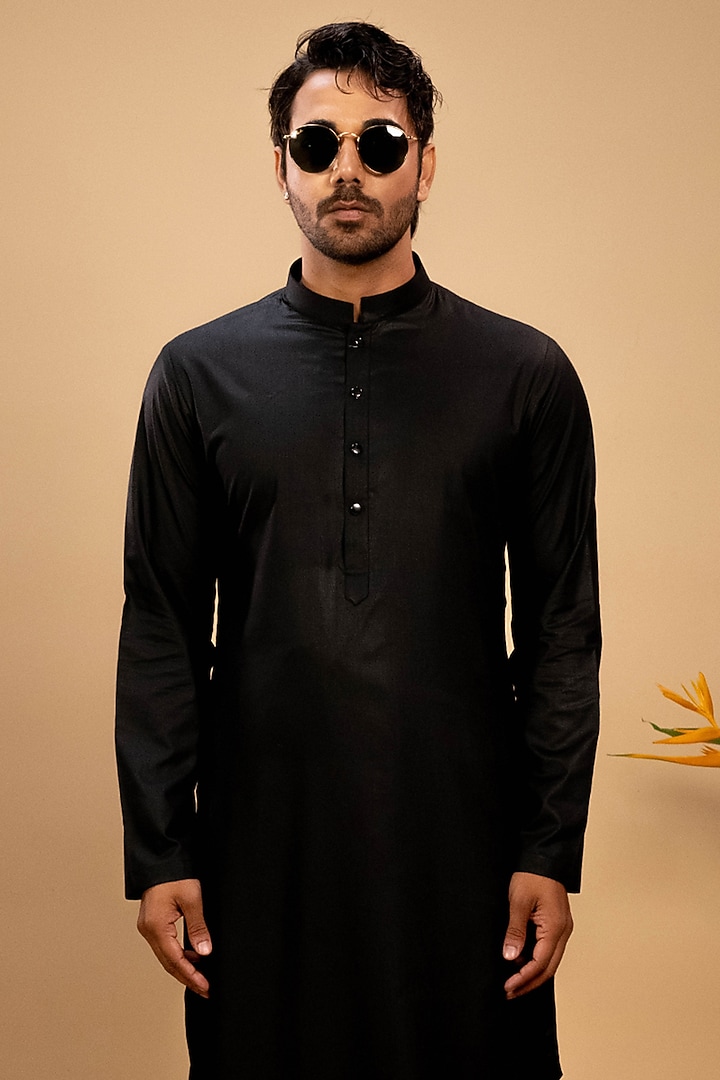 Black Silk Asymmetrical Kurta Set by Agape Men at Pernia's Pop Up Shop