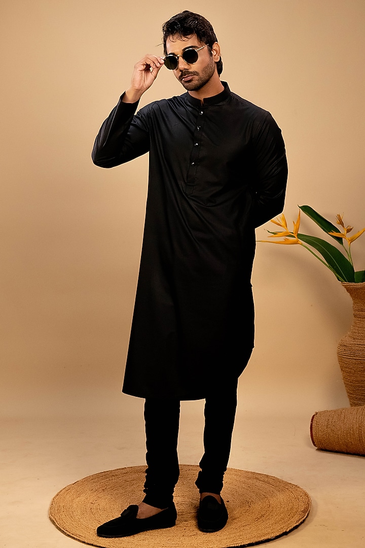 Black Silk Asymmetrical Kurta Set by Agape Men at Pernia's Pop Up Shop