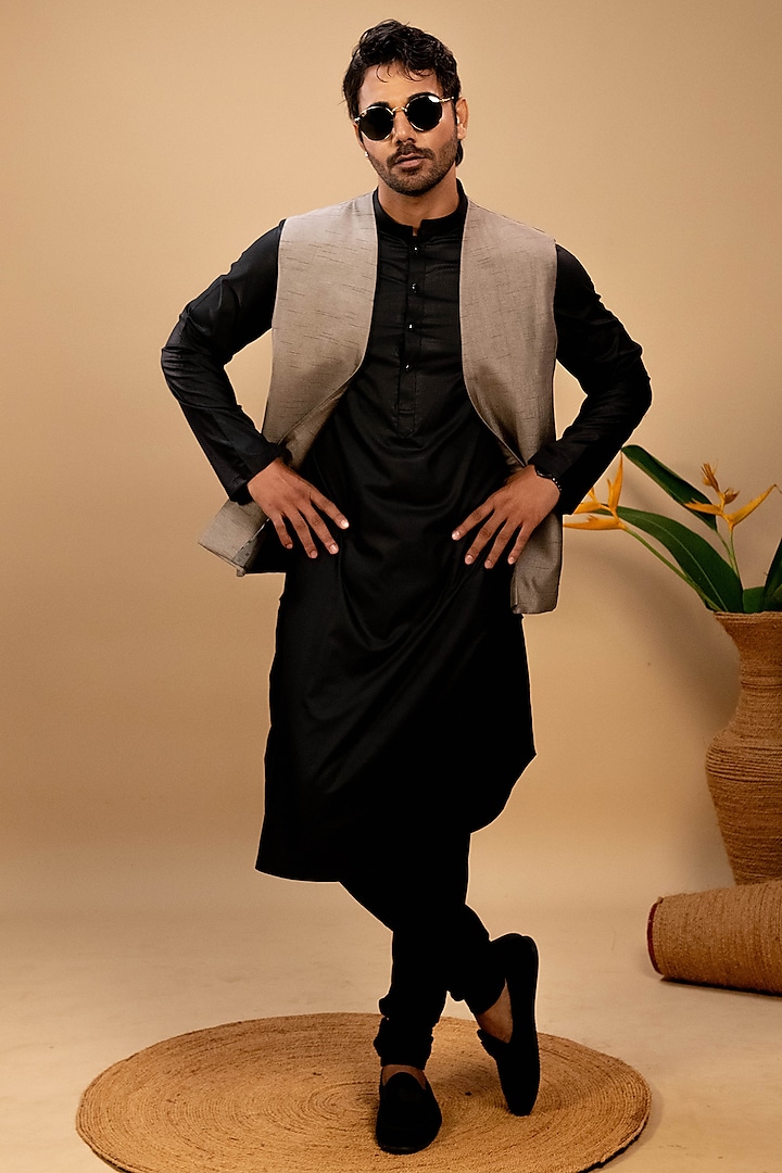 Brown Handloom Silk Quilted Embroidered Indowestern Jacket Set by Agape Men