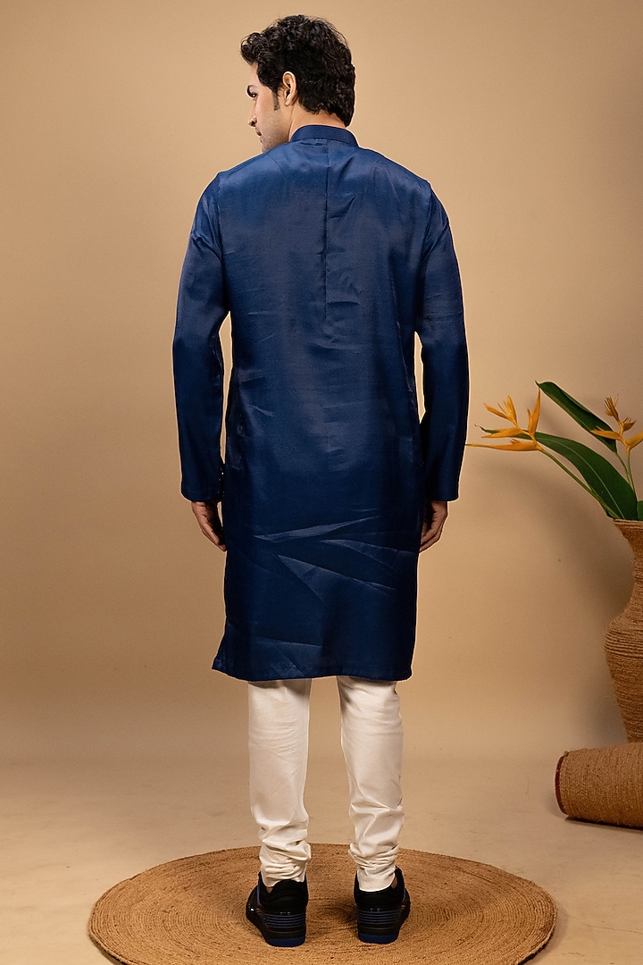 Blue Silk Patchwork Embroidered Kurta Set by Agape Men at Pernia's Pop Up Shop