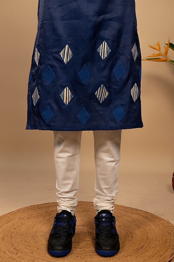 Blue Silk Patchwork Embroidered Kurta Set by Agape Men at Pernia's Pop Up Shop