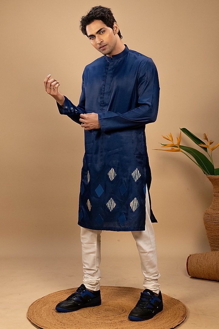Blue Silk Patchwork Embroidered Kurta Set by Agape Men at Pernia's Pop Up Shop