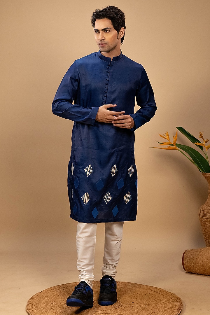 Blue Silk Patchwork Embroidered Kurta Set by Agape Men at Pernia's Pop Up Shop