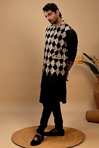 Black & Gold Cotton Quilted Embroidered Indowestern Jacket Set by Agape Men