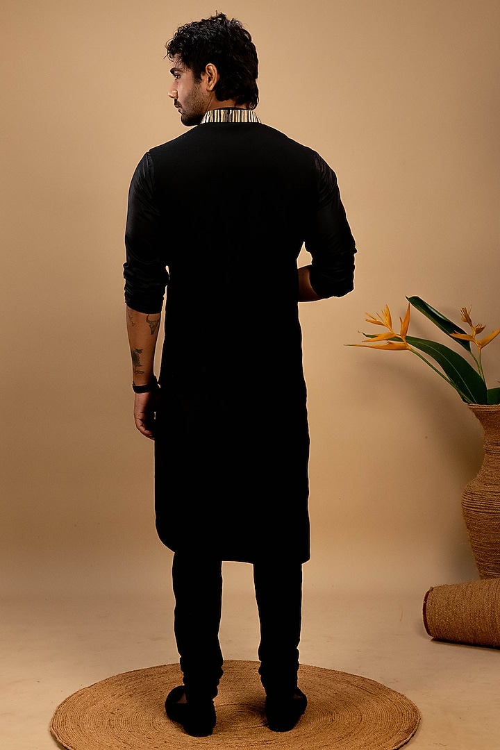Black & Gold Cotton Quilted Embroidered Indowestern Jacket Set by Agape Men at Pernia's Pop Up Shop