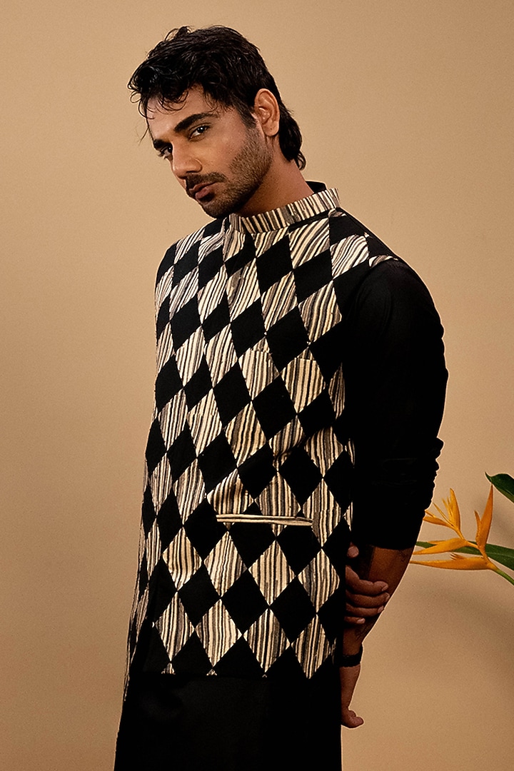 Black & Gold Cotton Quilted Embroidered Indowestern Jacket Set by Agape Men at Pernia's Pop Up Shop