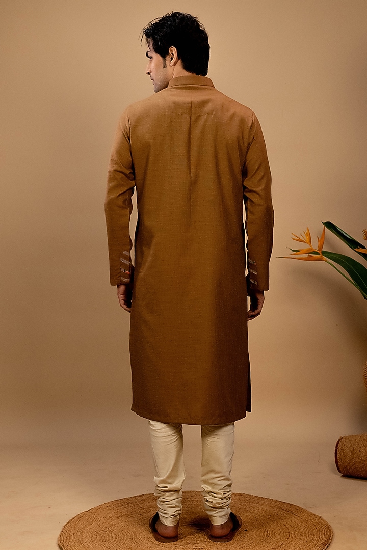 Earthy Brown Handloom Cotton Printed Kurta Set by Agape Men at Pernia's Pop Up Shop