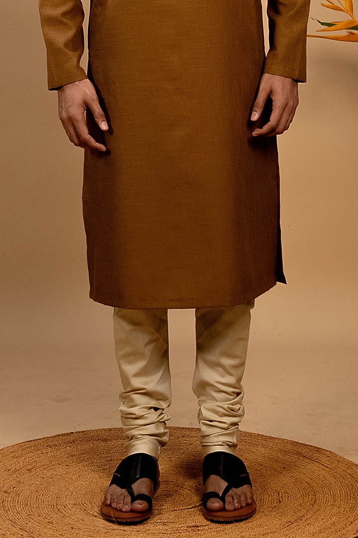 Earthy Brown Handloom Cotton Printed Kurta Set by Agape Men at Pernia's Pop Up Shop