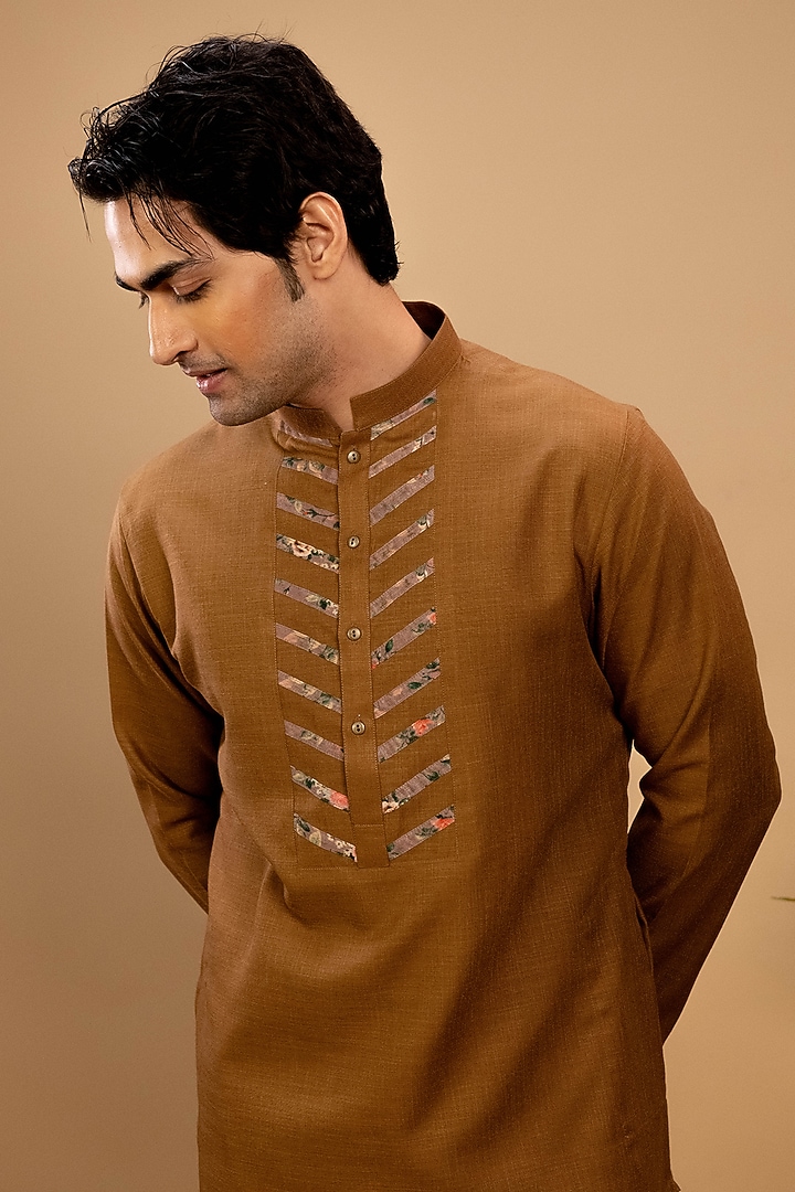 Earthy Brown Handloom Cotton Printed Kurta Set by Agape Men at Pernia's Pop Up Shop