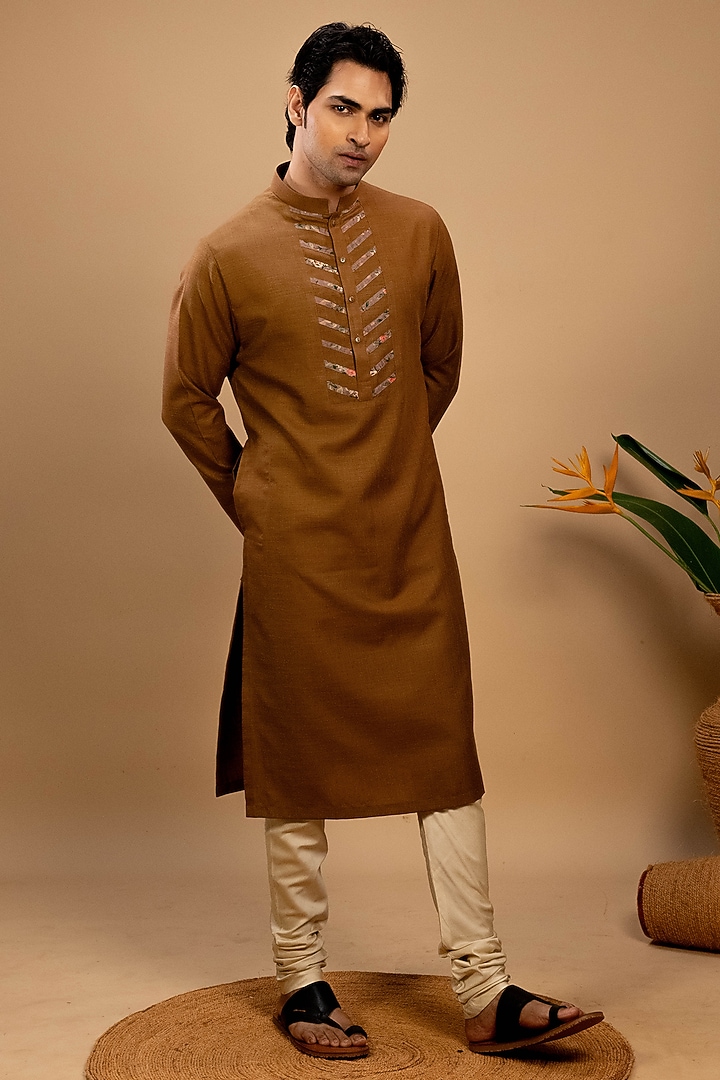 Earthy Brown Handloom Cotton Printed Kurta Set by Agape Men at Pernia's Pop Up Shop