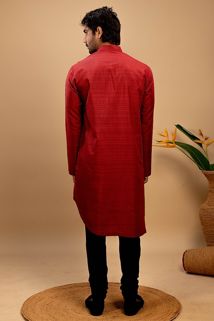 Red Handloom Cotton Applique Embroidered Kurta Set by Agape Men at Pernia's Pop Up Shop
