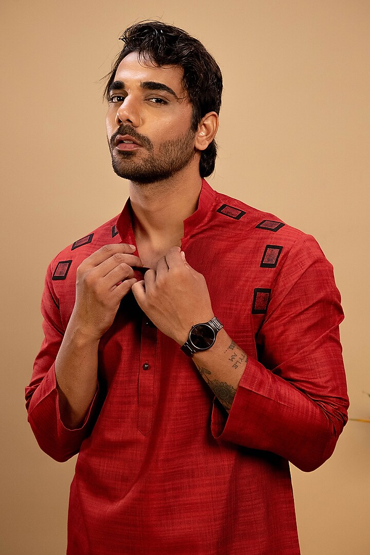 Red Handloom Cotton Applique Embroidered Kurta Set by Agape Men at Pernia's Pop Up Shop