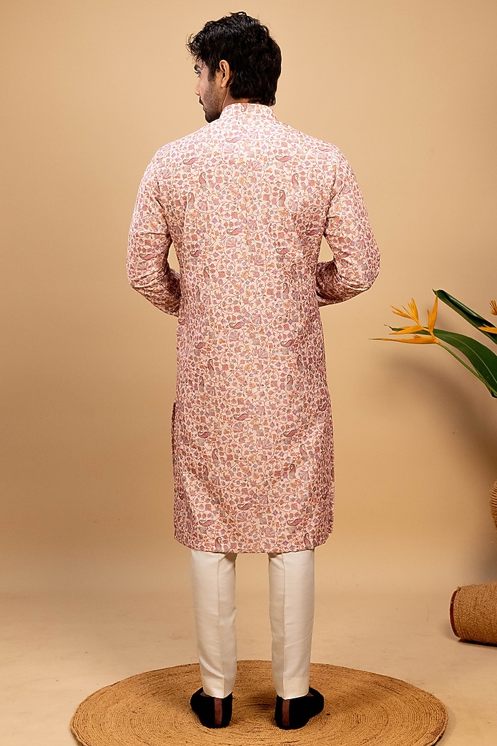 Peach Kota Silk Self Embroidered & Printed Kurta Set by Agape Men at Pernia's Pop Up Shop