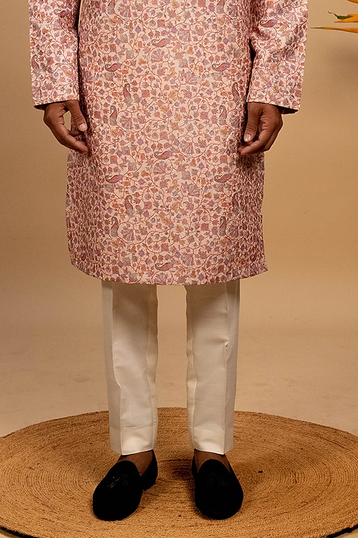 Peach Kota Silk Self Embroidered & Printed Kurta Set by Agape Men at Pernia's Pop Up Shop