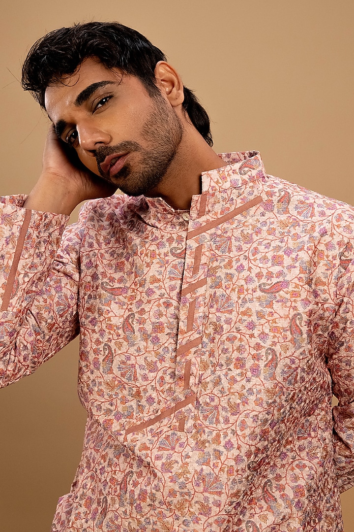 Peach Kota Silk Self Embroidered & Printed Kurta Set by Agape Men at Pernia's Pop Up Shop