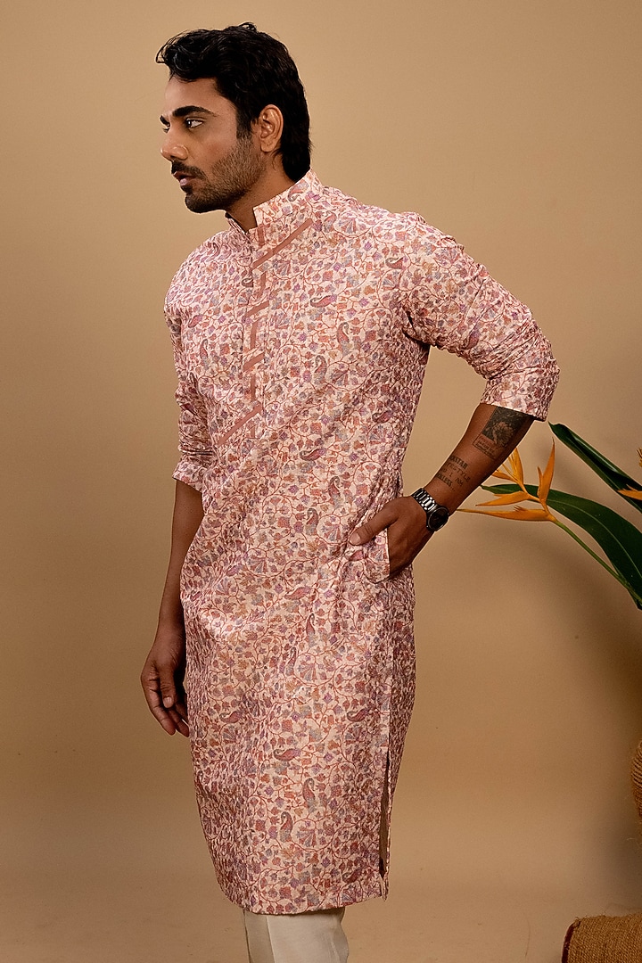 Peach Kota Silk Self Embroidered & Printed Kurta Set by Agape Men at Pernia's Pop Up Shop