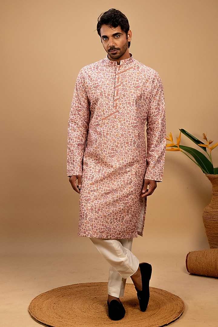 Peach Kota Silk Self Embroidered & Printed Kurta Set by Agape Men at Pernia's Pop Up Shop