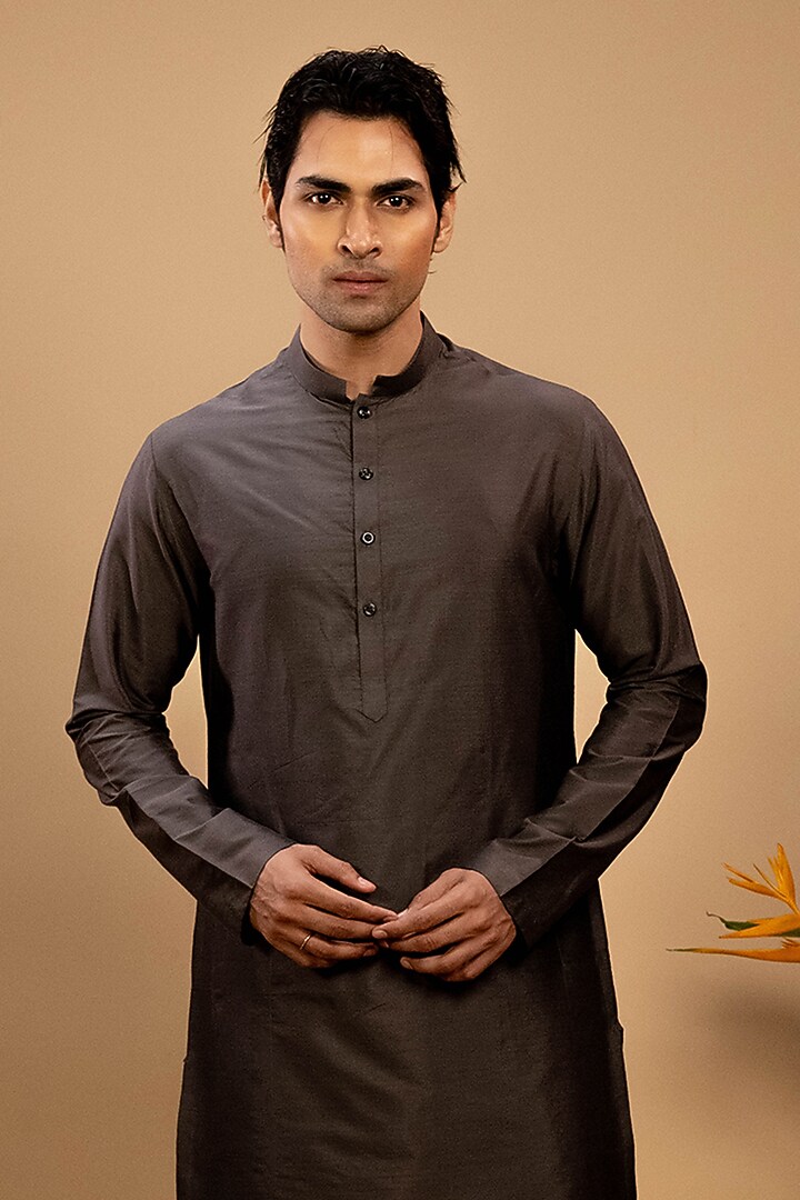 Grey Cotton Silk Kurta Set by Agape Men at Pernia's Pop Up Shop
