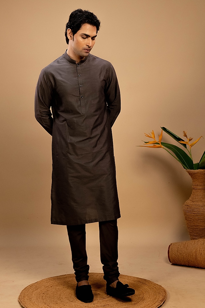 Grey Cotton Silk Kurta Set by Agape Men at Pernia's Pop Up Shop