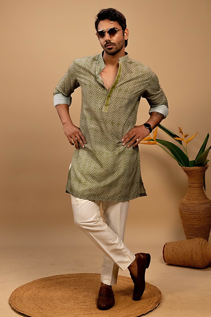 Green Silk Printed Short Kurta Set by Agape Men at Pernia's Pop Up Shop