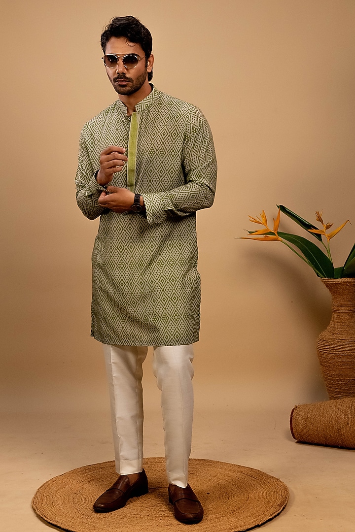 Green Silk Printed Short Kurta Set by Agape Men at Pernia's Pop Up Shop