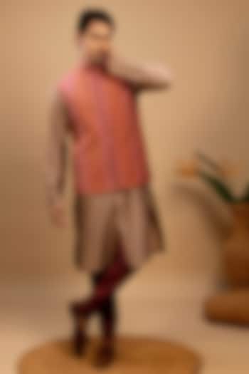 Orange & Red Cotton Silk Nehru Jacket Set by Agape Men