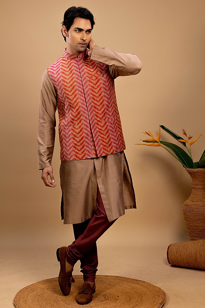 Orange & Red Cotton Silk Nehru Jacket Set by Agape Men