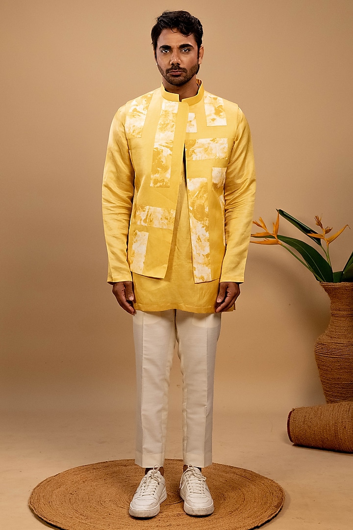 yellow Silk Applique Embroidered Indowestern Jacket Set by Agape Men