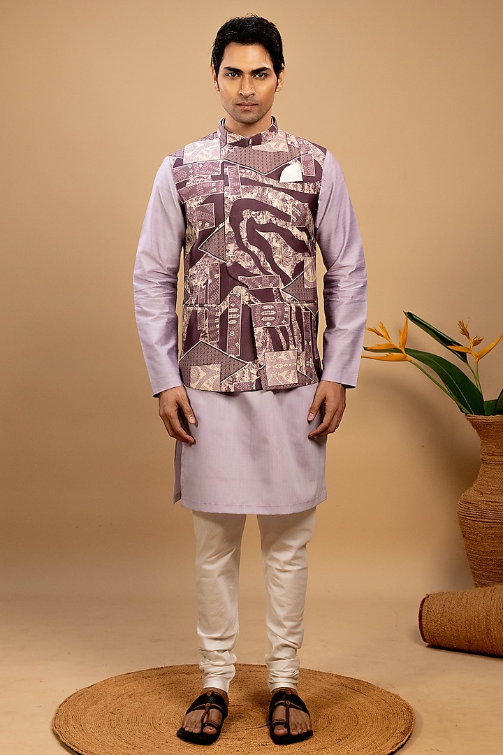 Purple Handloom Silk Printed Bundi Jacket Set by Agape Men