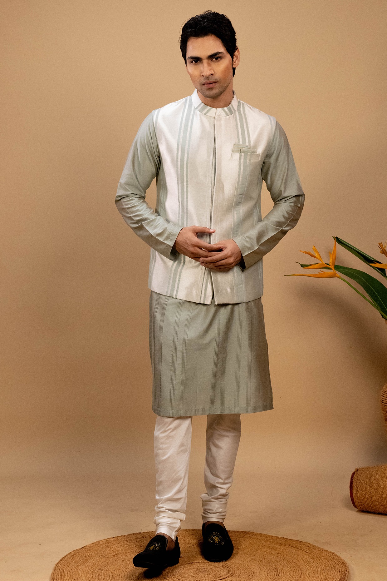 Badoliya & Sons Brocade Nehru Jacket Grey with Silver | Badoliya & Sons