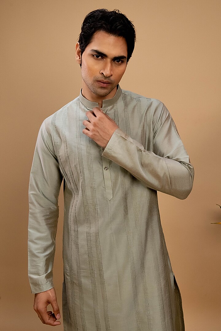Dull Green Cotton Silk Kurta Set by Agape Men at Pernia's Pop Up Shop