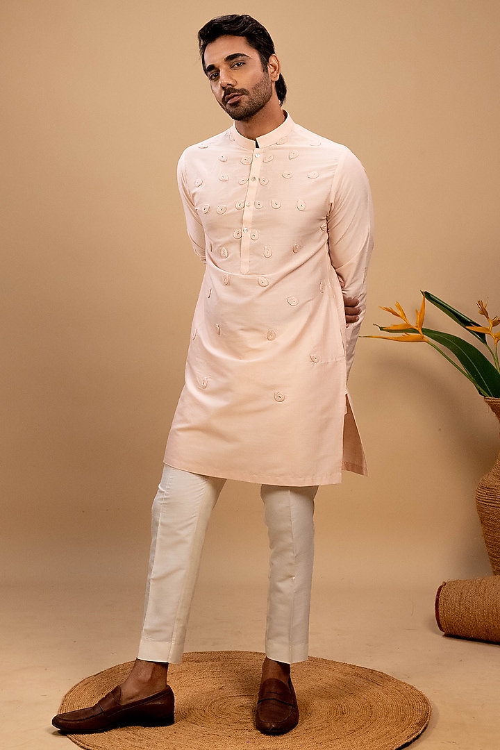 Peach Cotton Corded Kurta Set by Agape Men at Pernia's Pop Up Shop