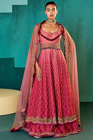 Beetroot Pink Ombre Silk Sharara Set by Agunj by Gunjan Arora