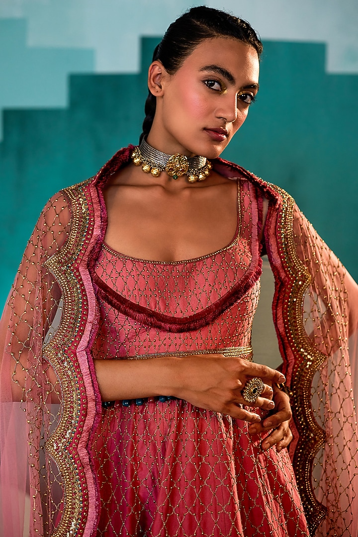 Beetroot Pink Ombre Silk Bridal Sharara Set by Agunj by Gunjan Arora at Pernia's Pop Up Shop