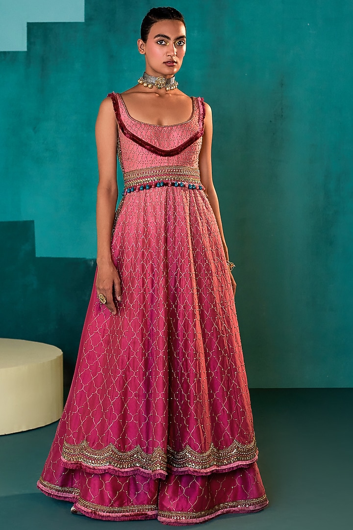 Beetroot Pink Ombre Silk Bridal Sharara Set by Agunj by Gunjan Arora at Pernia's Pop Up Shop