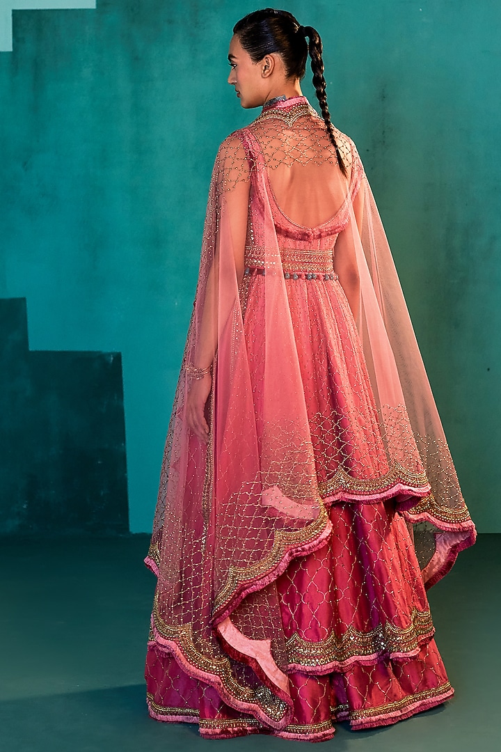 Beetroot Pink Ombre Silk Bridal Sharara Set by Agunj by Gunjan Arora at Pernia's Pop Up Shop