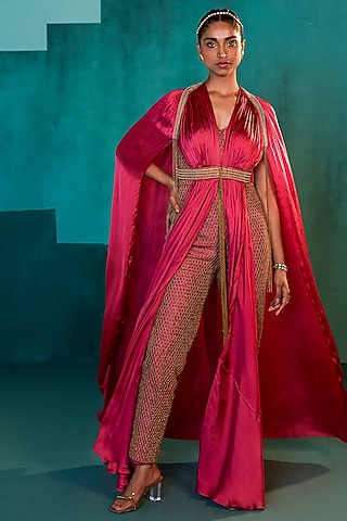 Beetroot Pink Embroidered Jumpsuit by Agunj by Gunjan Arora