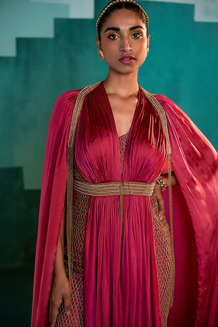 Beetroot Pink Embroidered Jumpsuit by Agunj by Gunjan Arora at Pernia's Pop Up Shop