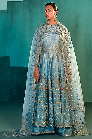 Jade Blue Chanderi Sharara Set by Agunj by Gunjan Arora