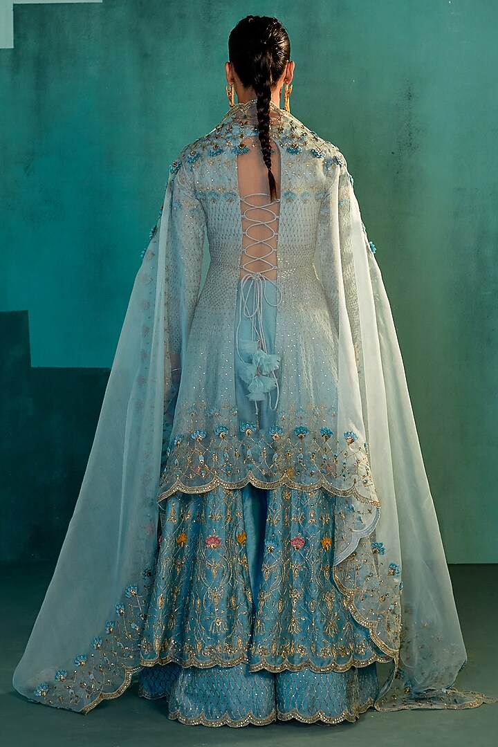 Jade Blue Chanderi Bridal Sharara Set by Agunj by Gunjan Arora at Pernia's Pop Up Shop