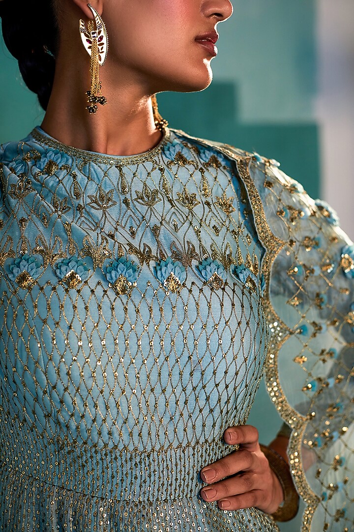 Jade Blue Chanderi Bridal Sharara Set by Agunj by Gunjan Arora at Pernia's Pop Up Shop
