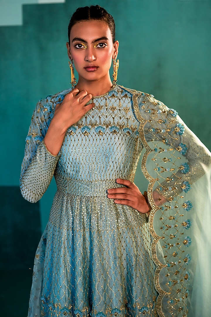 Jade Blue Chanderi Bridal Sharara Set by Agunj by Gunjan Arora at Pernia's Pop Up Shop