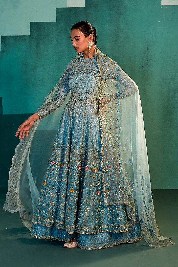 Jade Blue Chanderi Bridal Sharara Set by Agunj by Gunjan Arora at Pernia's Pop Up Shop