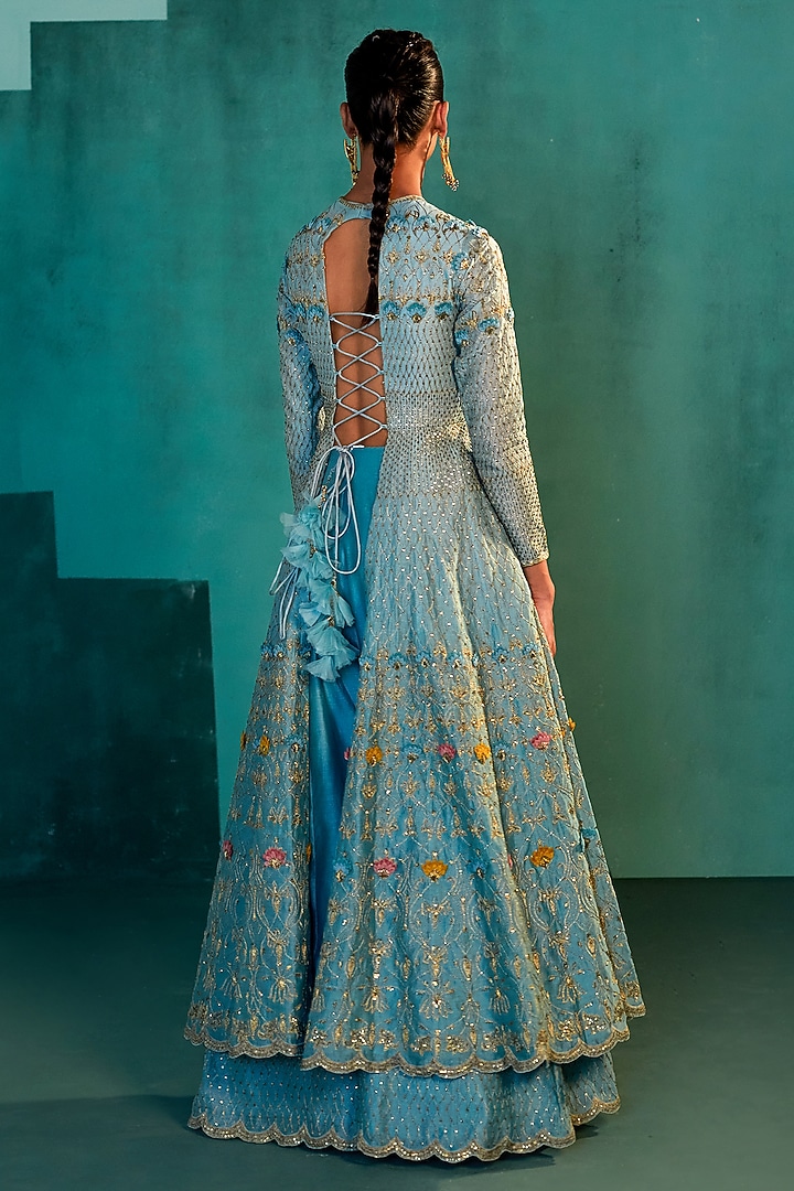 Jade Blue Chanderi Bridal Sharara Set by Agunj by Gunjan Arora at Pernia's Pop Up Shop