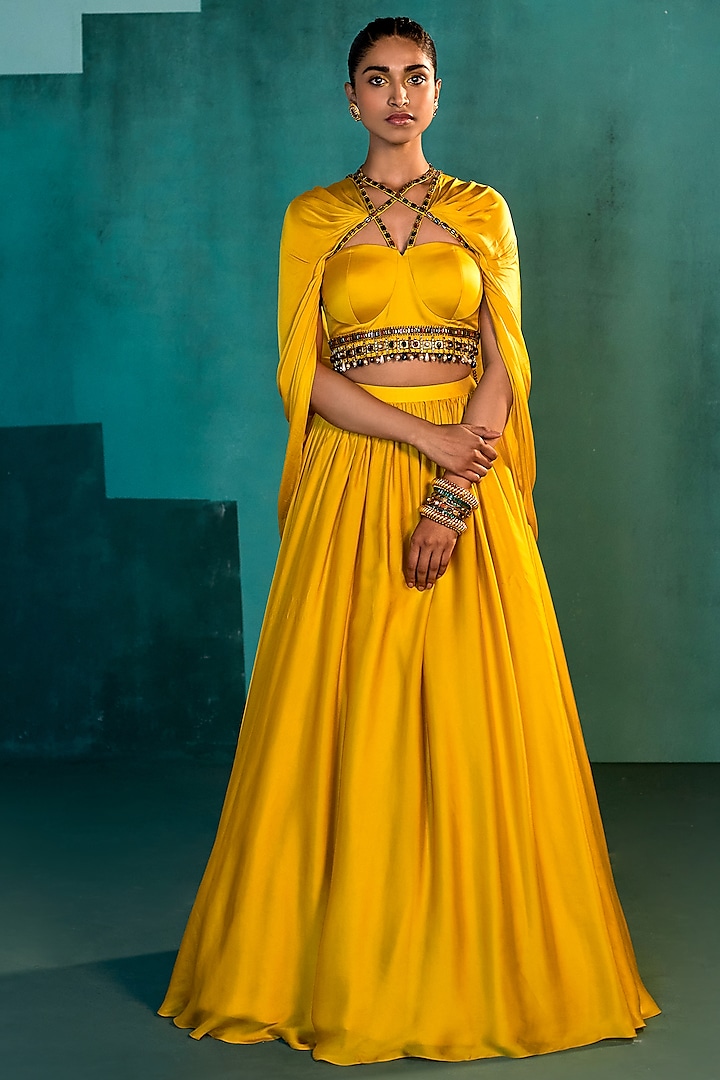 Mango Yellow Satin Skirt Set by Agunj by Gunjan Arora