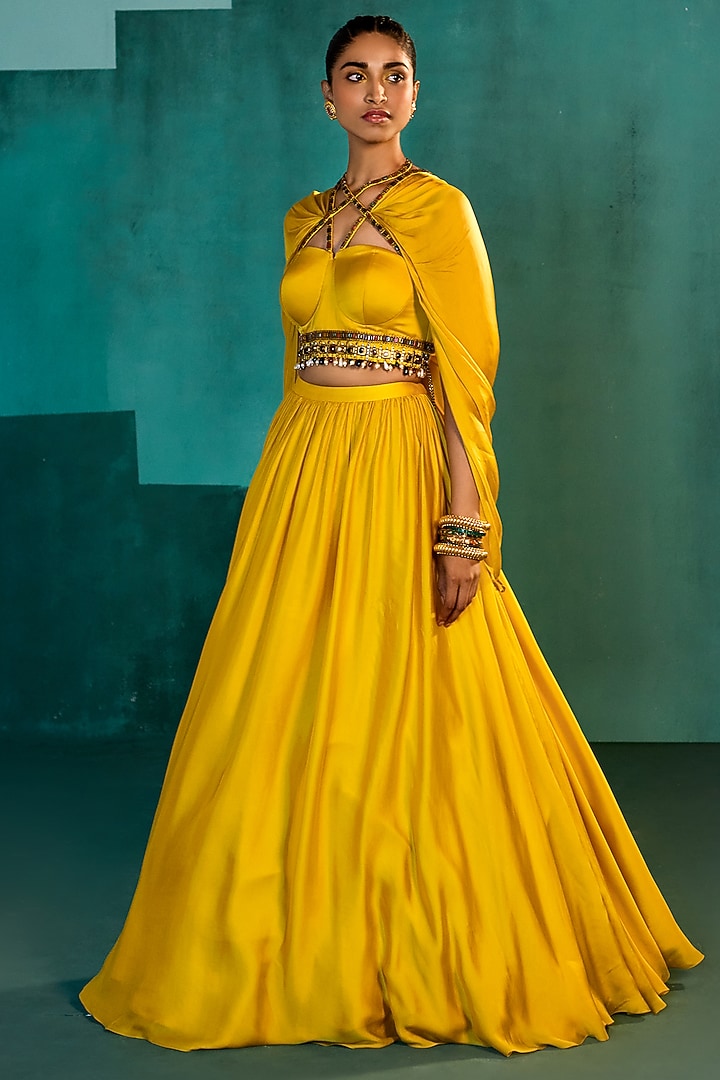 Mango Yellow Satin Skirt Set by Agunj by Gunjan Arora at Pernia's Pop Up Shop