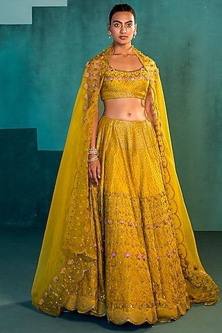 Mango Yellow Embroidered Jacket Lehenga Set by Agunj by Gunjan Arora