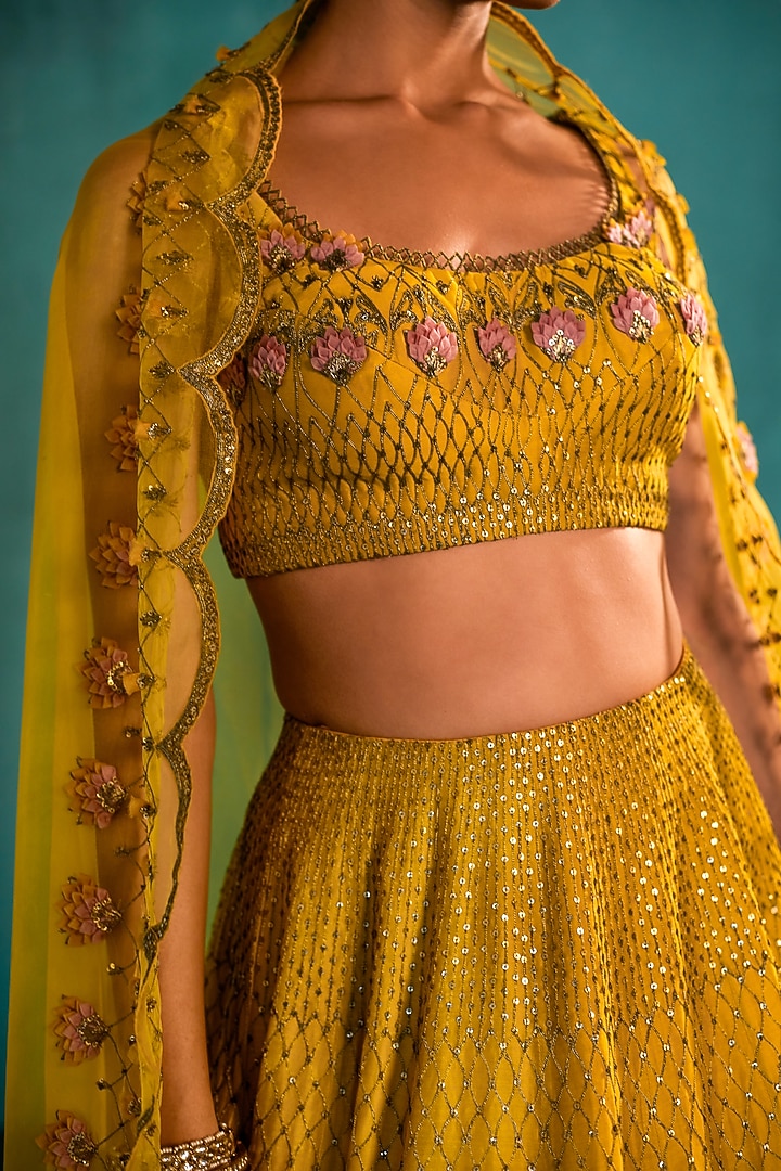 Mango Yellow Embroidered Jacket Bridal Lehenga Set by Agunj by Gunjan Arora at Pernia's Pop Up Shop