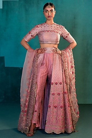 Dusty Rose Pink Embroidered Pant Lehenga Set by Agunj by Gunjan Arora