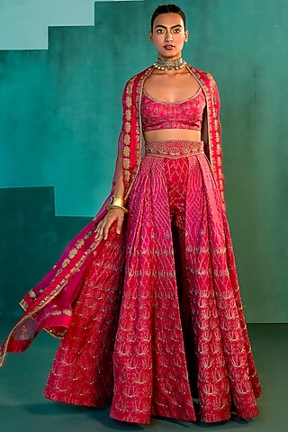 Rani Pink Silk Pant Lehenga Set by Agunj by Gunjan Arora